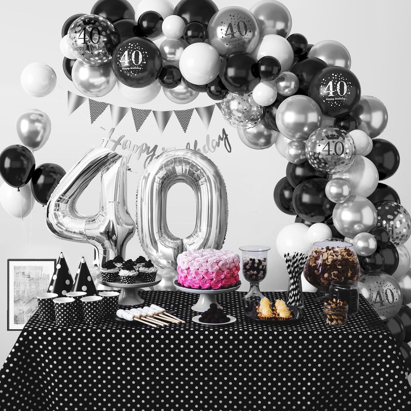 40Th Birthday Decorations Black Silver,40Th Birthday Balloon Garland Party Decorations With Number 40 Foil Balloons,Happy Birthd