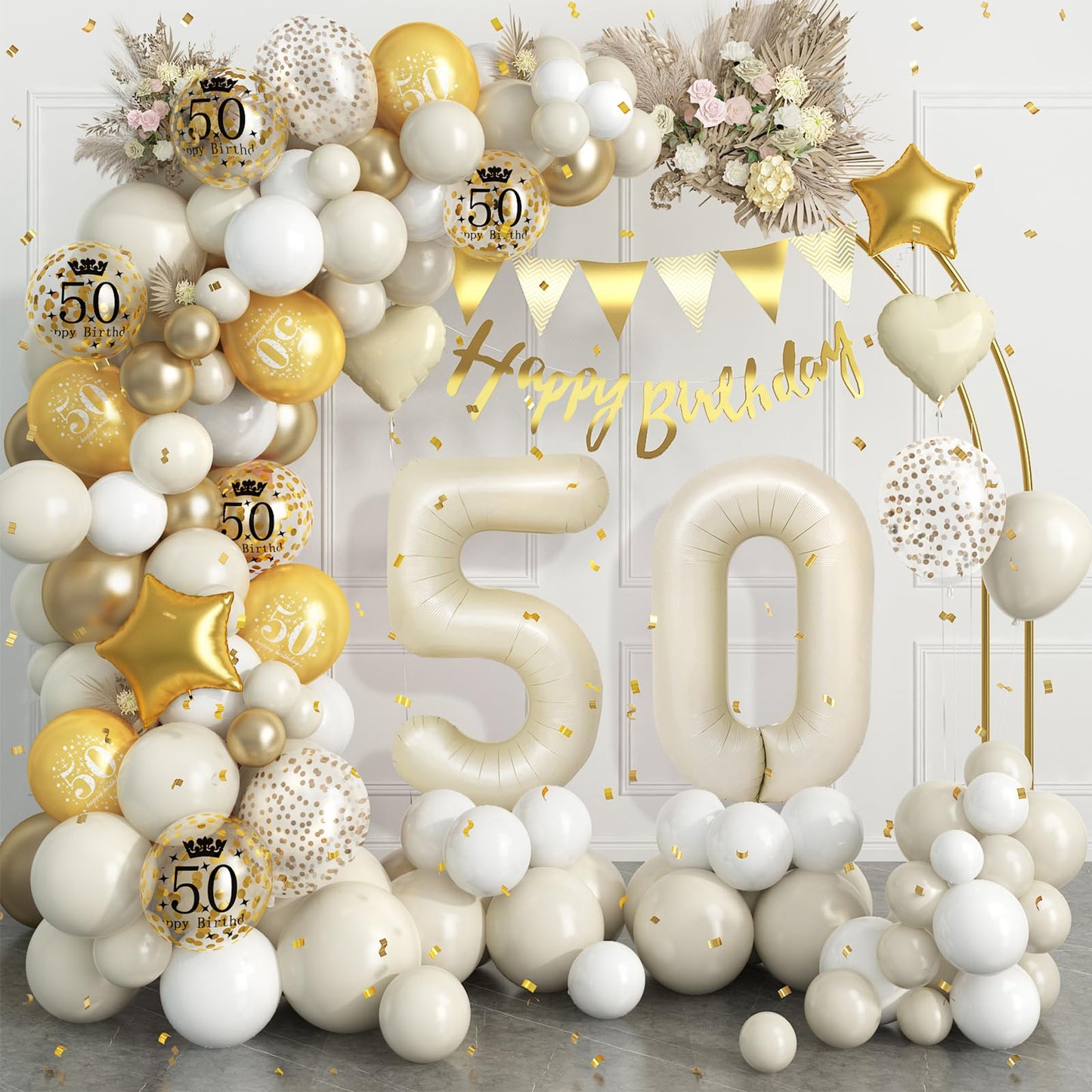 50Th Birthday Decorations Sand White Gold,50Th Birthday Balloon Arch Garland Kit With Happy 50Th Birthday Number 50 Foil Balloon