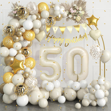 50Th Birthday Decorations Sand White Gold,50Th Birthday Balloon Arch Garland Kit With Happy 50Th Birthday Number 50 Foil Balloon