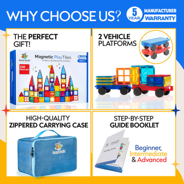 Sunny Auntie Magnetic Tiles 240 Pcs+ Bonus Zippered Case, Magnetic Tiles For Kids Toy For 3 4 5 6 7 8 Year Old Boys & Girls, Great Gift For Kids Aged 3-8, Xl Set