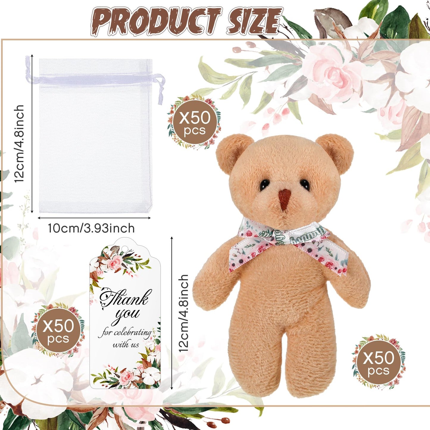 Wettarn 50 Sets Baby Shower Small Bears Tiny Plush Bear Bulk With Flower Thank You Tag And Mesh Bag 4.72'' Tiny Bear Baby Shower