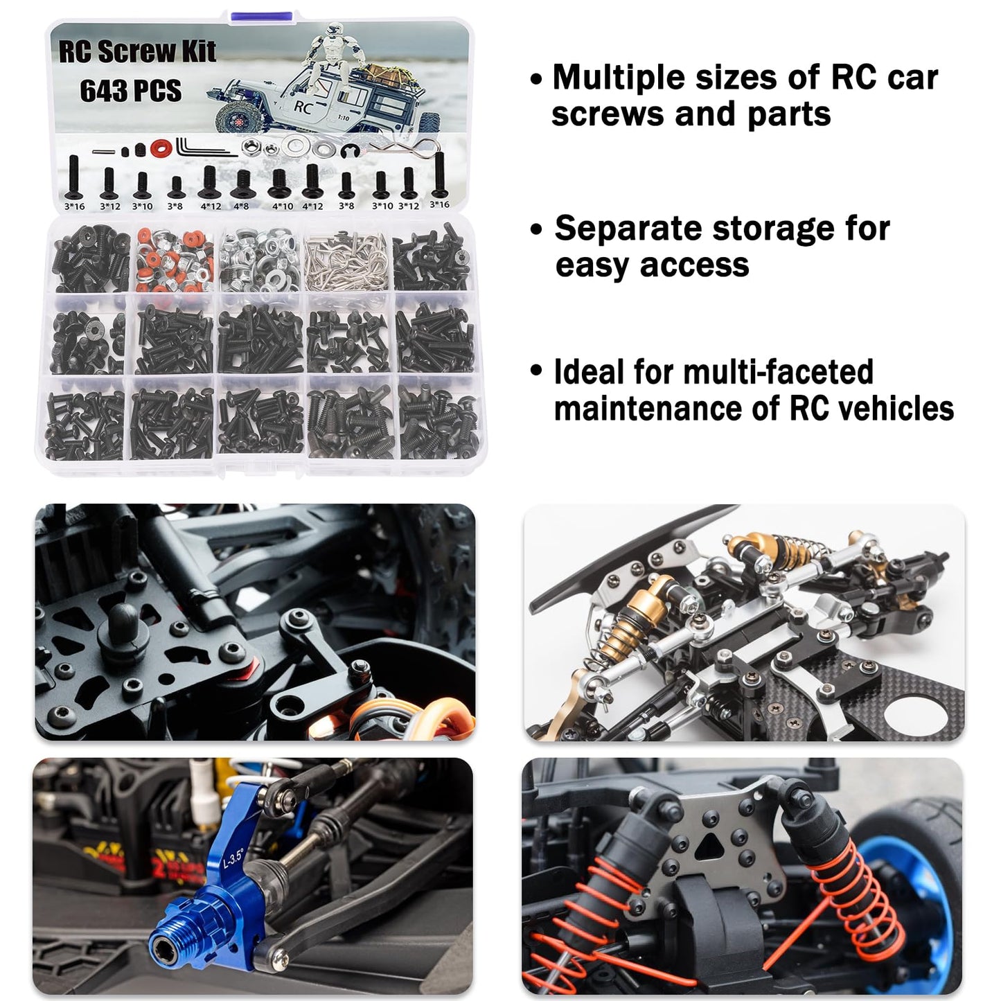 RC Screw Kit 643 PCS RC Car Parts Hardware Fasteners Assortment for Traxxas Axial Redcat HPI Arrma Losi 1/8 1/10 1/12 1/16 Scale