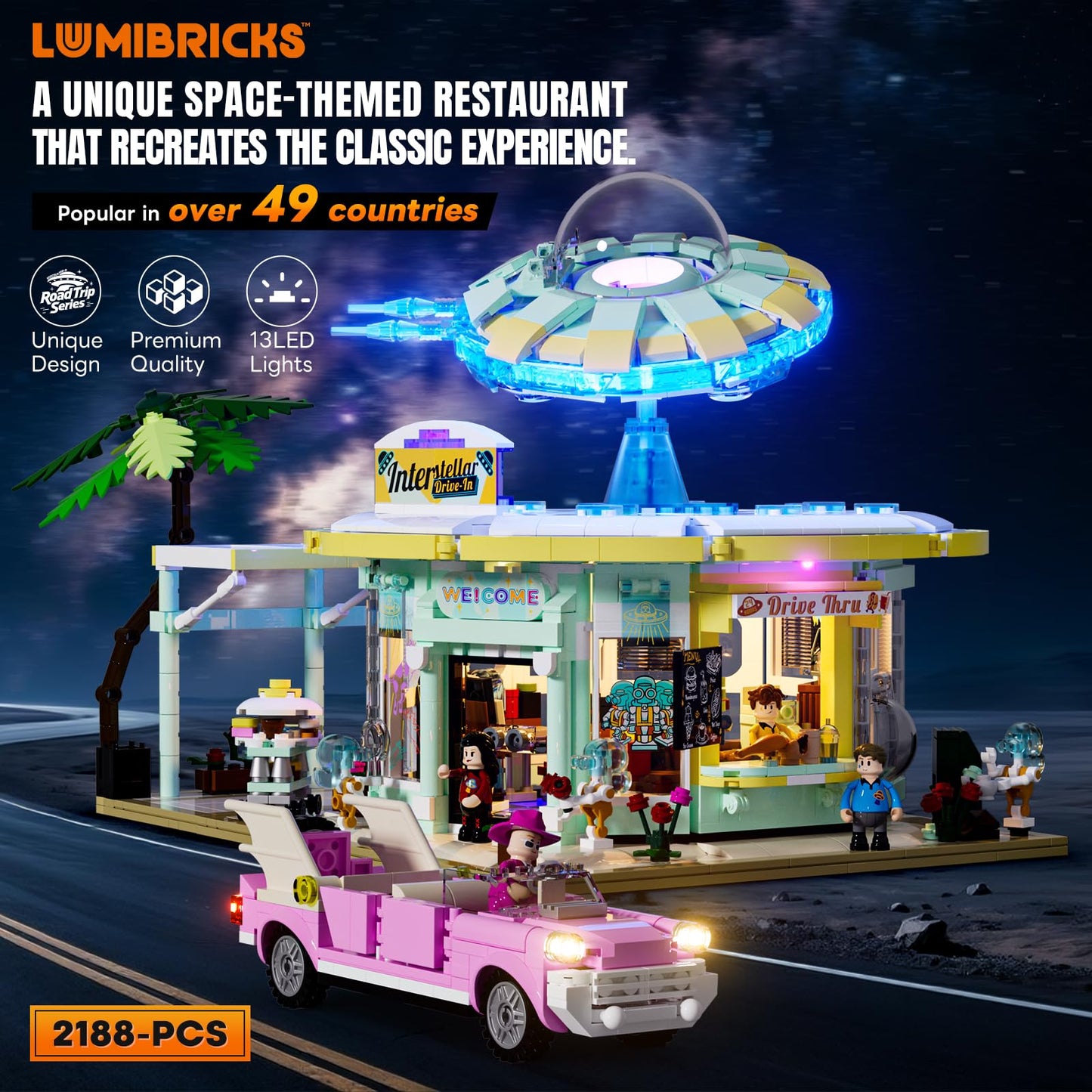 Lumibricks Interstellar-Diner Lighting-Building-Bricks City Set - 2188 Pcs Road UFO Drive-in Restaurant Modular Collection LED Light Space Car Restaurant Set for mature-themeds and Travelling Enthusiasts
