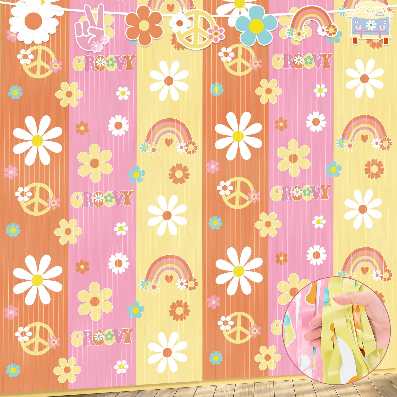 WovWeave 2 Packs Groovy Party Decoration 3.3 x 6.6 ft Two Groovy Party Decorations Hippie Boho Foil Fringe Curtain Retro Daisy T