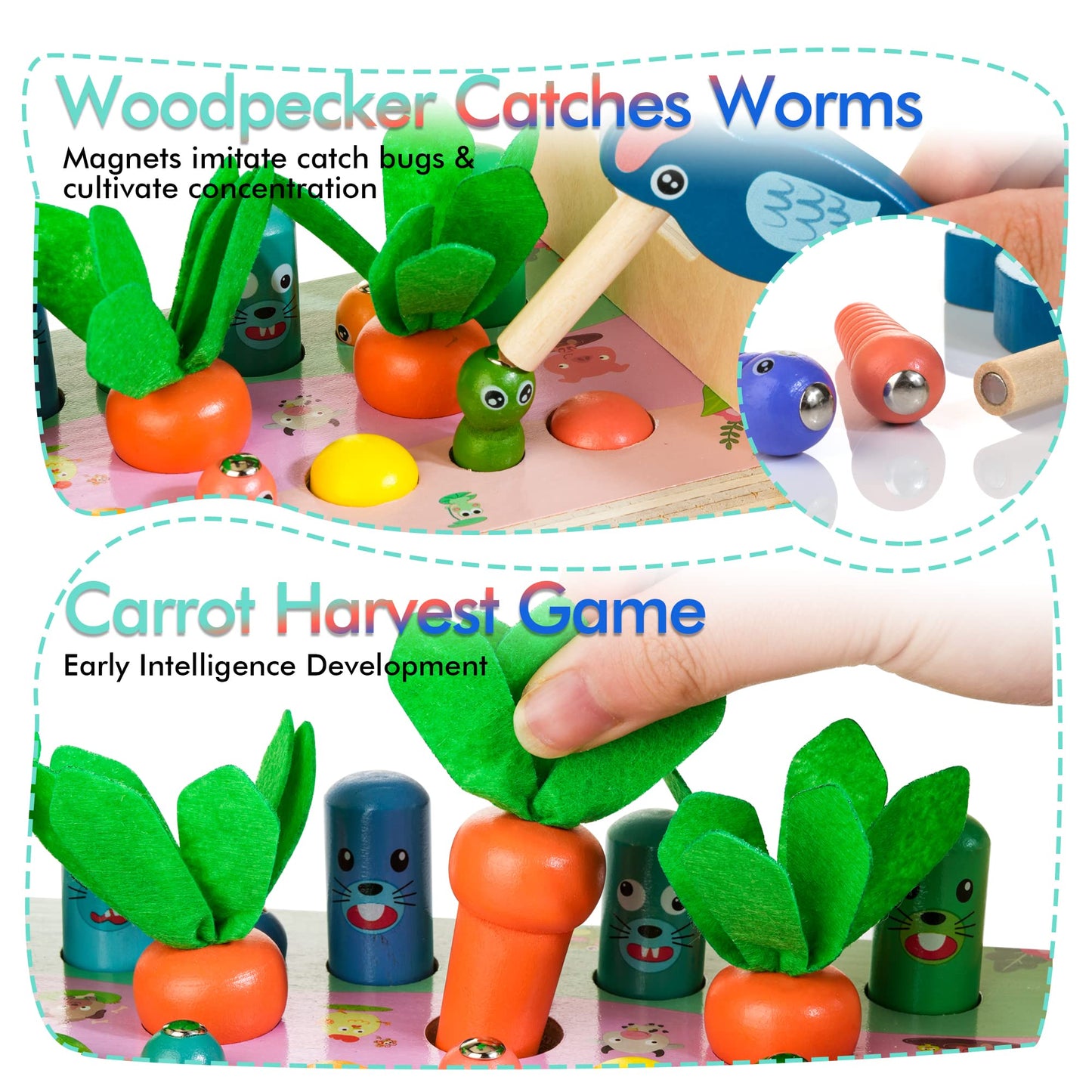Amtreen 6-In-1 Wooden Montessori Toys For 1 Year Old, Whack-A-Mole Game | Play The Xylophone | Frog Clock | Carrot Harvest Game | Spinning Gear, Toddler Toys Aged 1-4, Baby Toy Gift For Early Learning