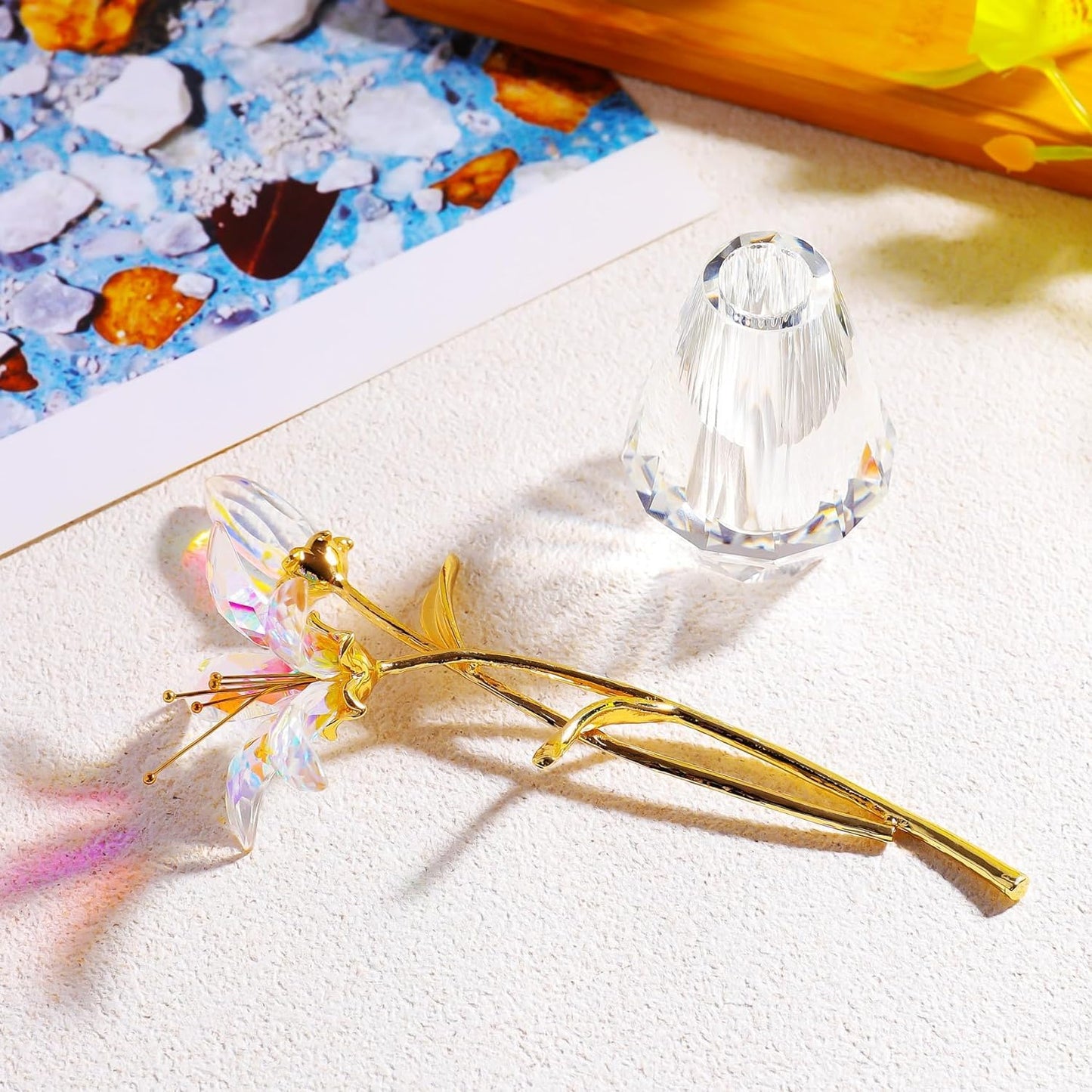 Clear Crystal Lily Flower Figurine With Stems - Handmade Collectible Statue For Decoration Mothers Day Centerpiece Valentines Day Bridal Shower Gift