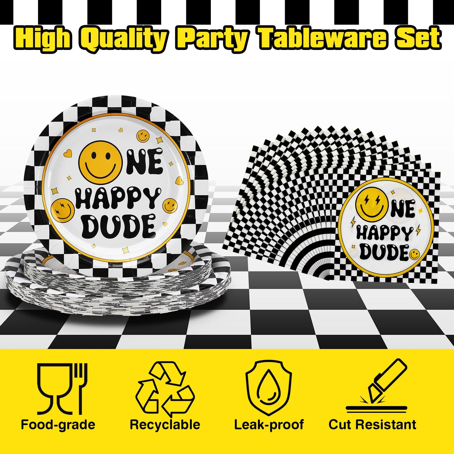 Umigy 96 Pcs One Happy Dude Birthday Party Decorations One Happy Dude Party Tableware Smile Face Party Supplies for 24 Guests Sm