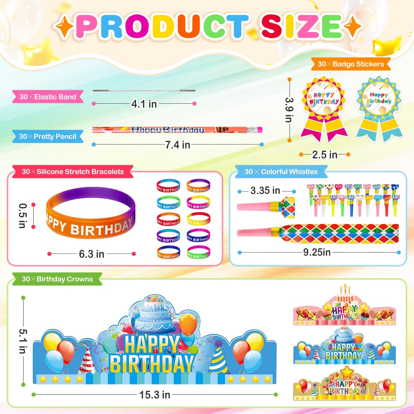 150 Pcs Happy Birthday Kits for Kids Classroom, Include Crowns, Silicone Stretches, Toy Whistles, Badge Stickers, Students Kinde