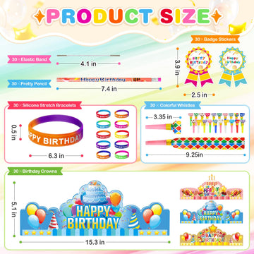 150 Pcs Happy Birthday Kits for Kids Classroom, Include Crowns, Silicone Stretches, Toy Whistles, Badge Stickers, Students Kinde