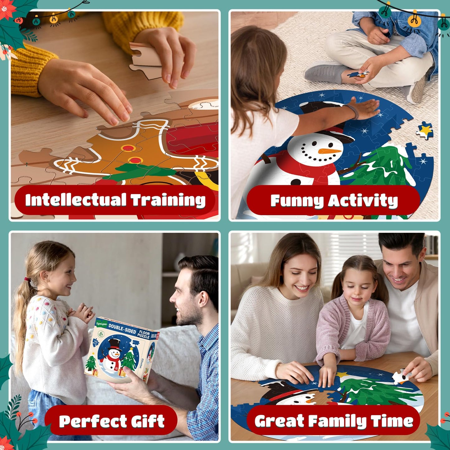 Ciyvolyeen Christmas Floor Puzzles For Kids Ages 3 4 5 6 7 8 Jigsaw Puzzles Penguin And Gingerbread Man Double Sided Large Round Puzzle Gifts Presents For Kids Children Toddler 22' 70 Pieces