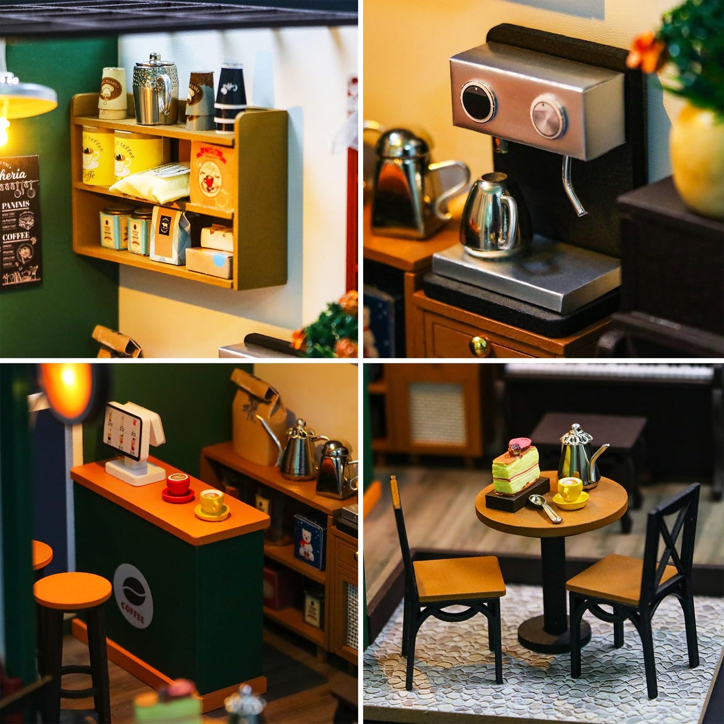 Spilay Dollhouse Miniature with Furniture DIY Wooden Crafts Doll House Mini Handmade Kit with Dust Cover and Music 1:24 Scale Creative Room Idea Gift for mature-themed (Afternoon Cafe with Dust Cover)