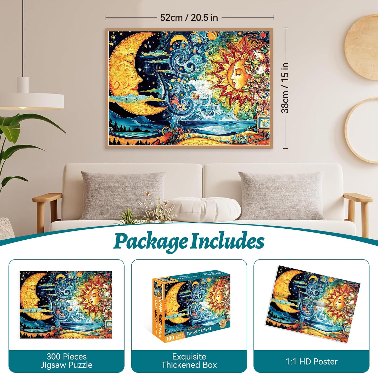 HQXXJW 300 Piece Puzzles for mature-themeds  300 Piece Puzzles for mature-themeds Large Piece  Fantasy Sun Moon Jigsaw Puzzle  Funny Gift for mature-themed Kids  Challenging Puzzle Perfect for Game Nights  20.5 X 15 in