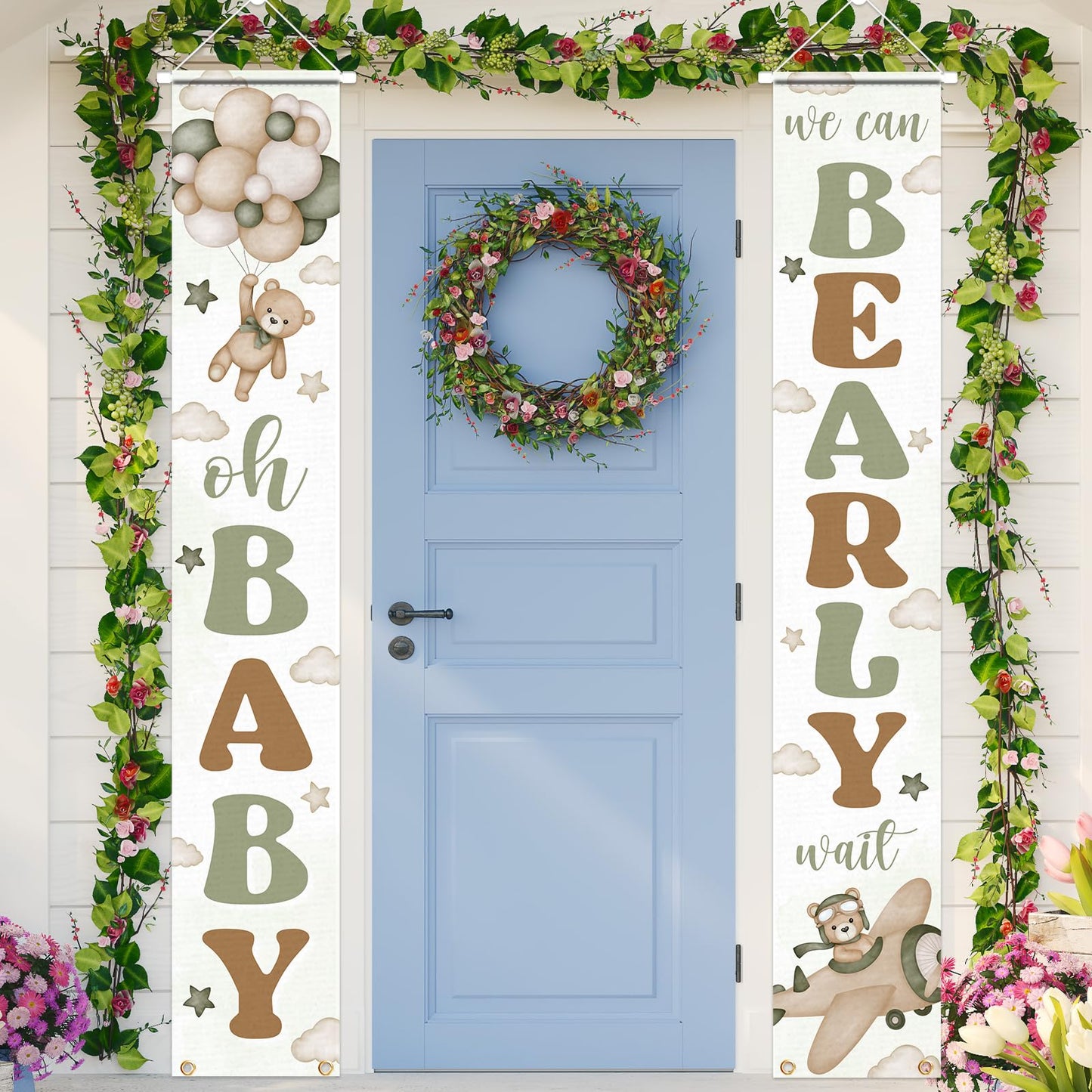 Green Bear Baby Shower Party Decorations We Can Bearly Wait Porch Sign Banner Gender Reveal Banner Porch Sign For Welcome Baby P