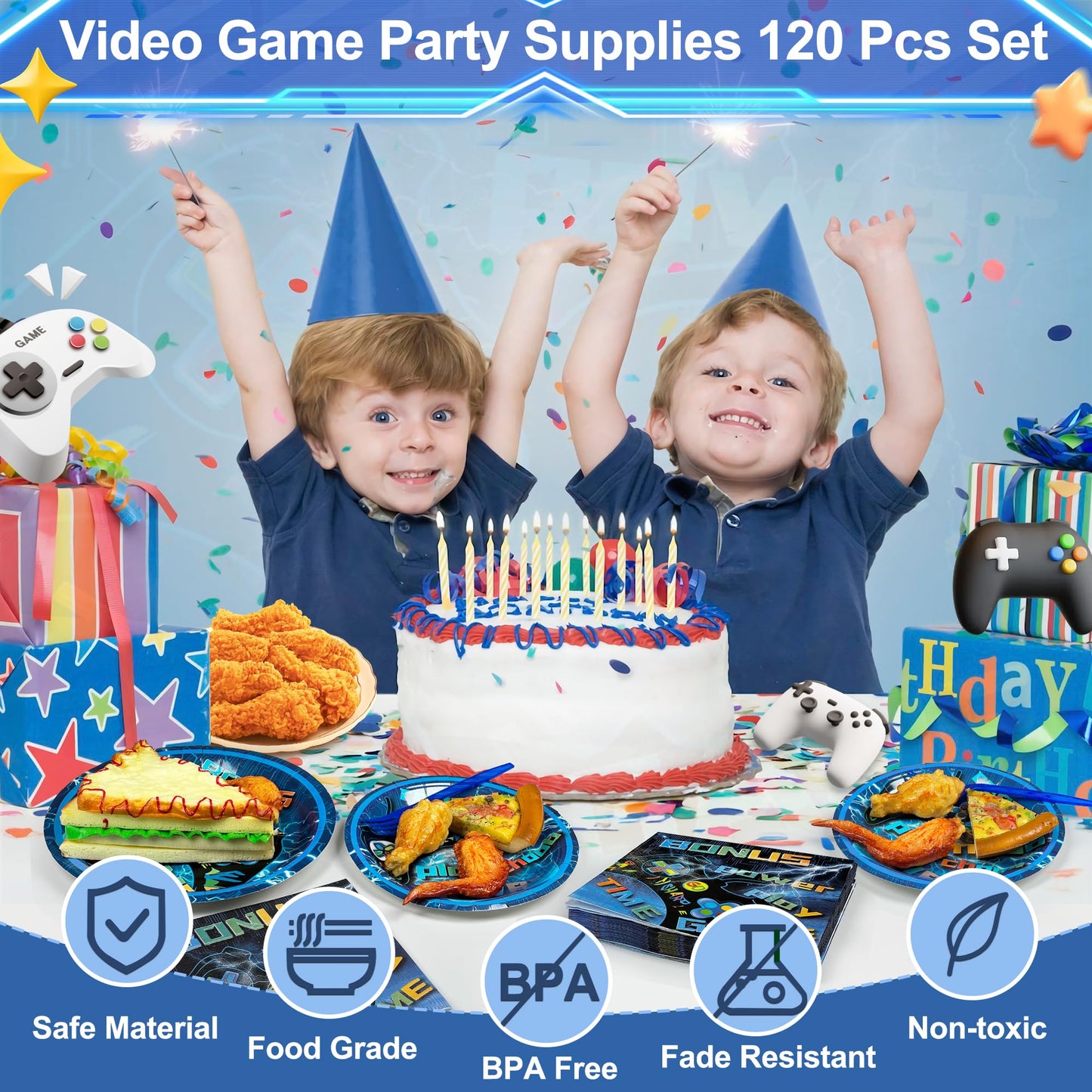 Lmjunzz Video Game Party Supplies 120 Pcs Set - Plates, Napkins, Forks, Perfect For Boys Birthday, Baby Shower, Serves 30