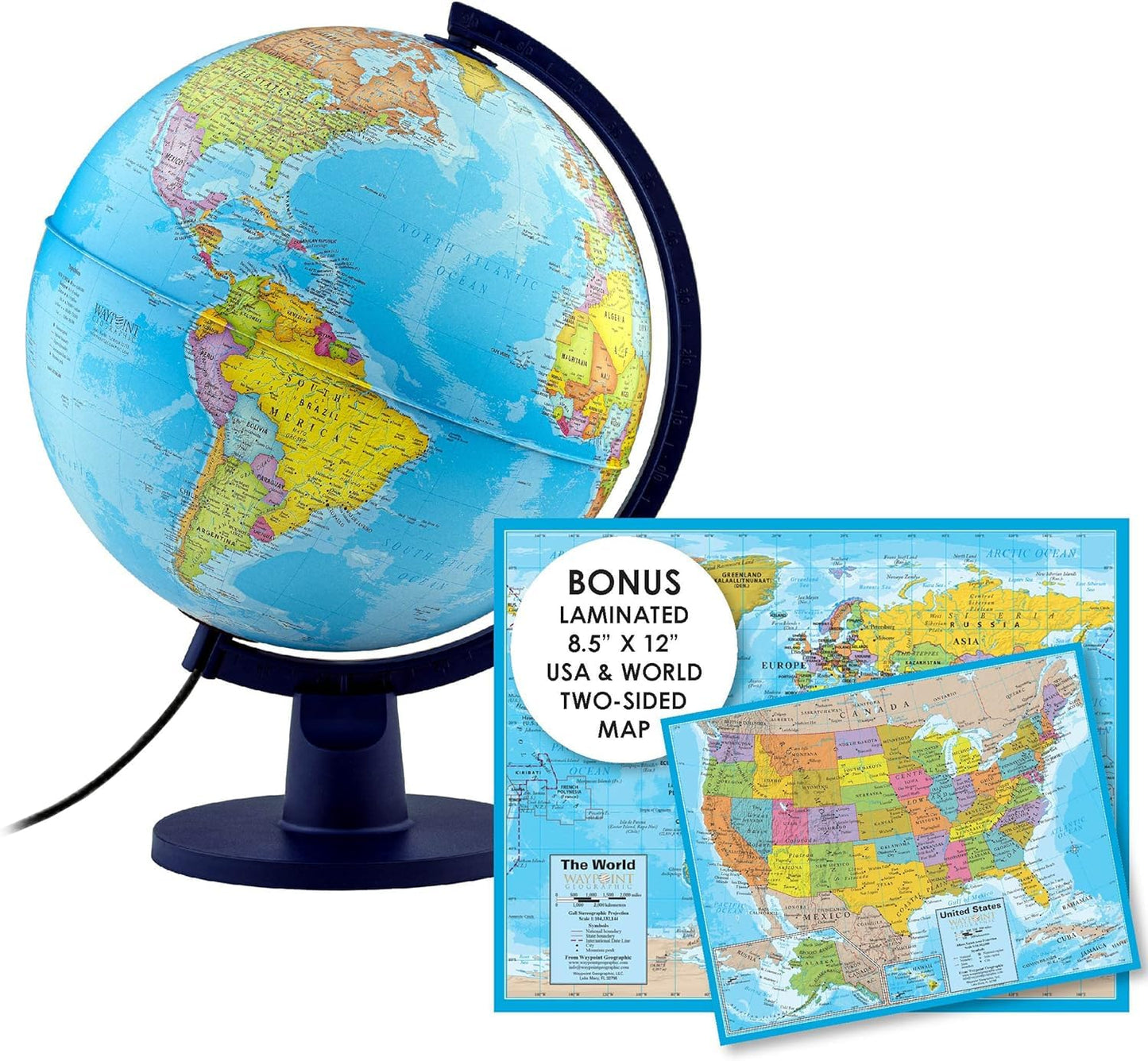 Waypoint Geographic Scout+ Illuminated With Map, World Globe For Kids, Decorative Classroom Globe With Stand, More Than 4000 Places, 12” Interactive Globe, Bonus Map Included, Blue