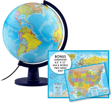 Waypoint Geographic Scout+ Illuminated With Map, World Globe For Kids, Decorative Classroom Globe With Stand, More Than 4000 Places, 12” Interactive Globe, Bonus Map Included, Blue