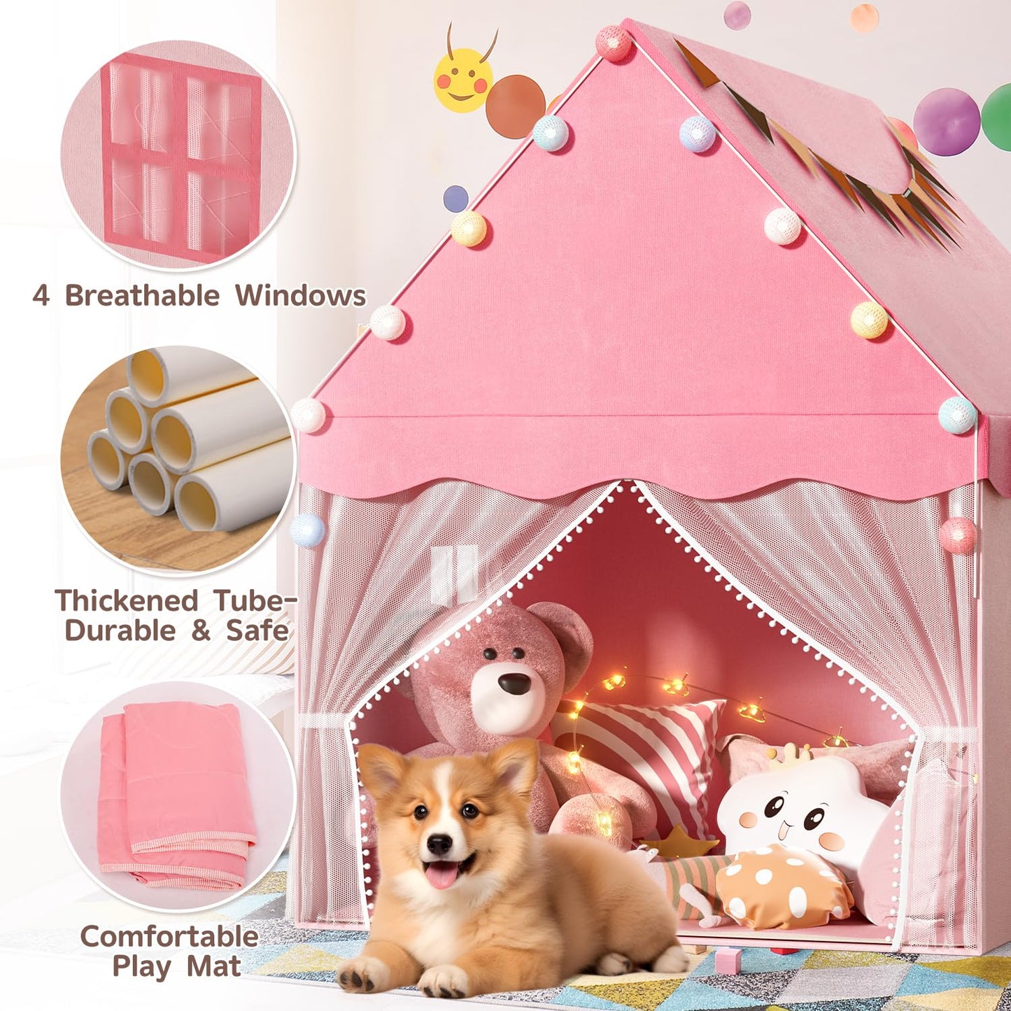 Eaglestone Kids Play Tent With Star Light, Padded Mat,Toddler Tent Indoor,Playhouse For Toddlers, Boys, Girls, Neutral Color, Indoor Bed Tent Gift Toy (Pink)