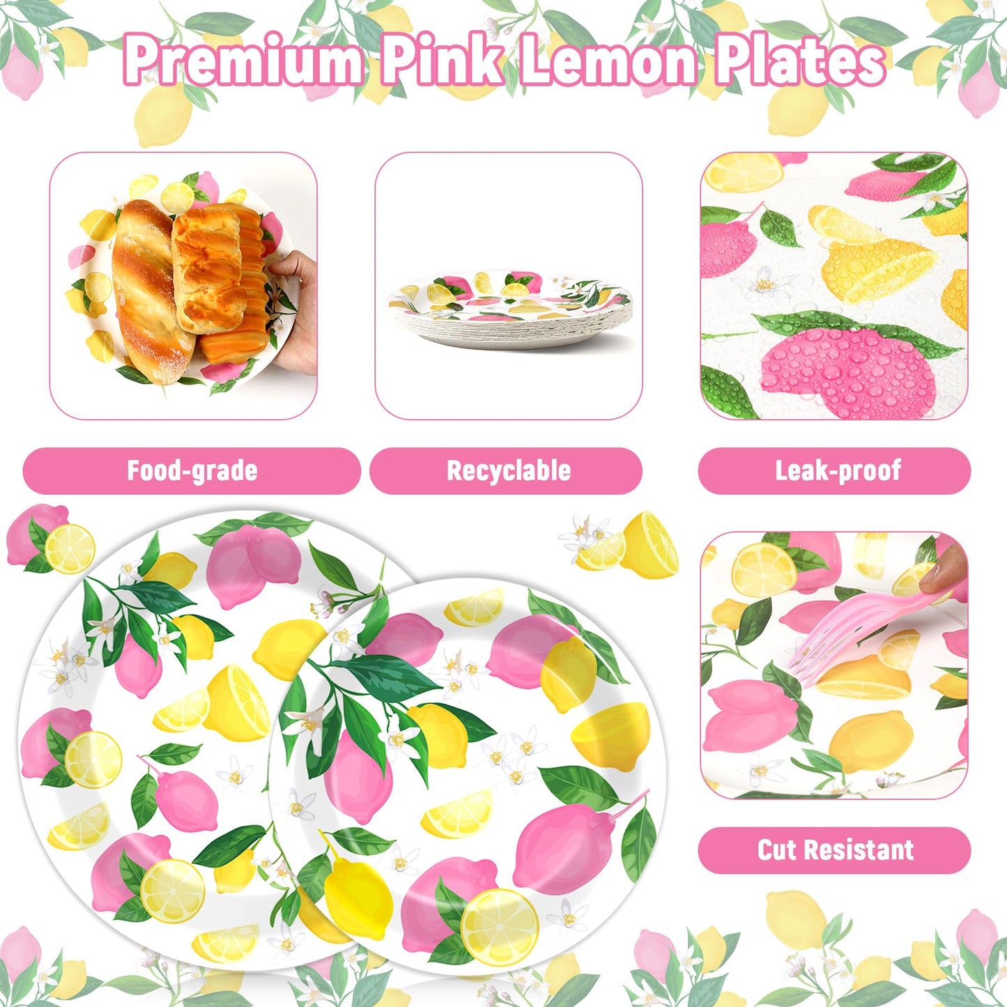 Obusatt 96Pcs Pink Lemon Party Supplies Lemon Paper Plates Napkins Lemons Summer Party Decoration Disposable Pink Lemonade Table