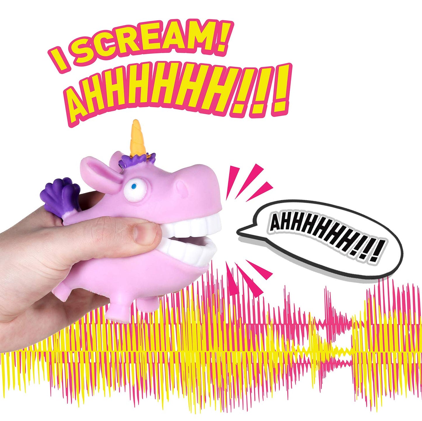 Hog Wild Scream-O Unicorn Toy - Hilarious Squeezing Cheeks Sound - Small - Plastic - Age 4+ - Colorful Unicorn Design