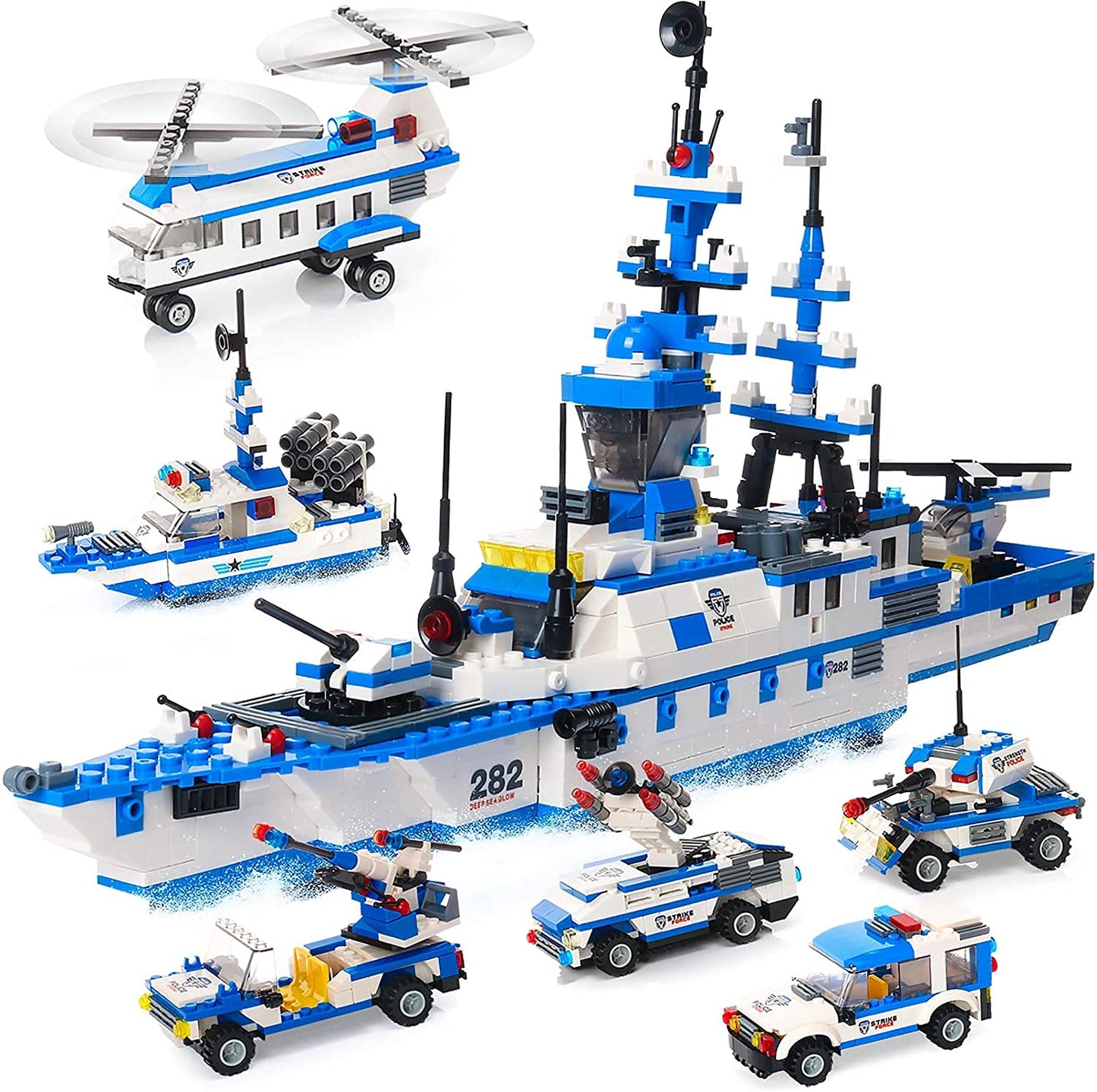 EP EXERCISE N PLAY Police Ship Building Blocks Kit, 1169 Pieces, Large, Blue, Includes Cop Car & Helicopter for Ages 6-12