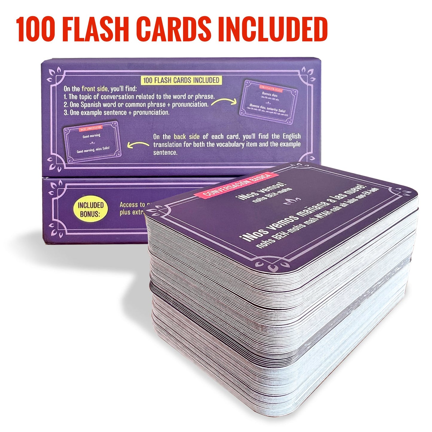 Explore To Win Spanish Flash Cards Set – 100 Cards, Audio & eBook, 4x2.5x2.5 in, Purple, Learn Common Verbs & Phrases