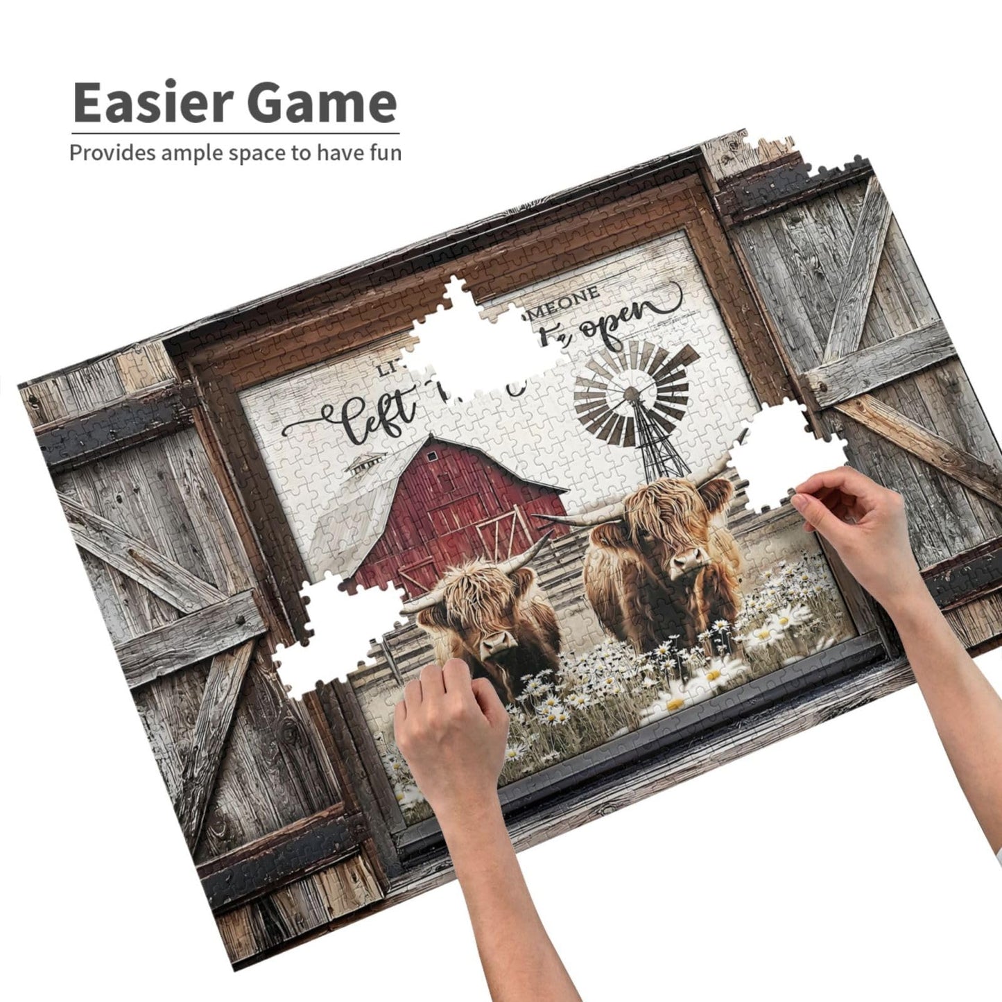 Highland Cow Jigsaw Puzzles 1000 Pieces for Adults, Farm Animal & Daisies Country Scene, Rustic Window View Wooden Puzzle, Relax