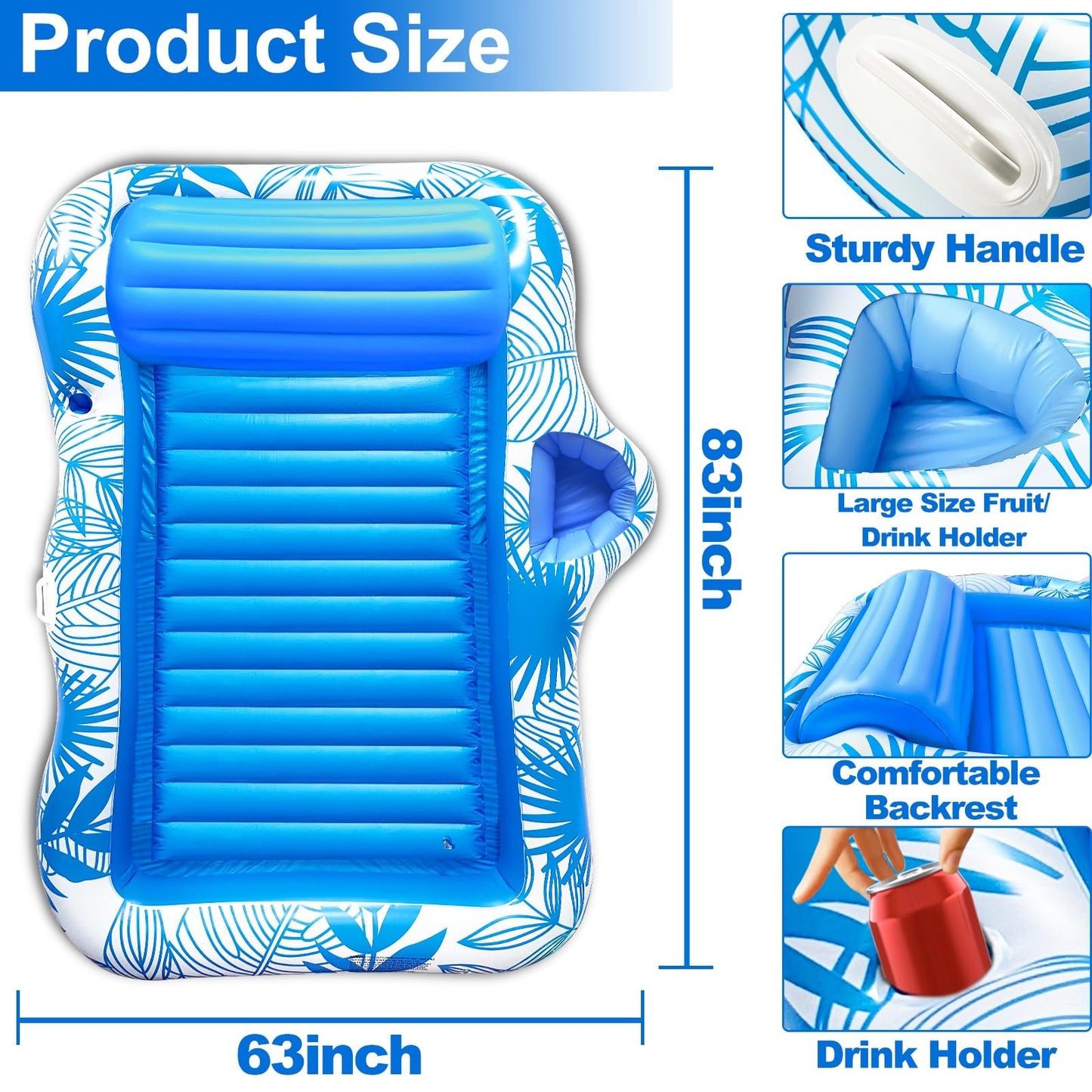 TURNMEON Extra Large Inflatable Tanning Pool Float Lounger with Backrest & Drink Holder, Pink/Blue, Water-Filled, Perfect for Pool Parties