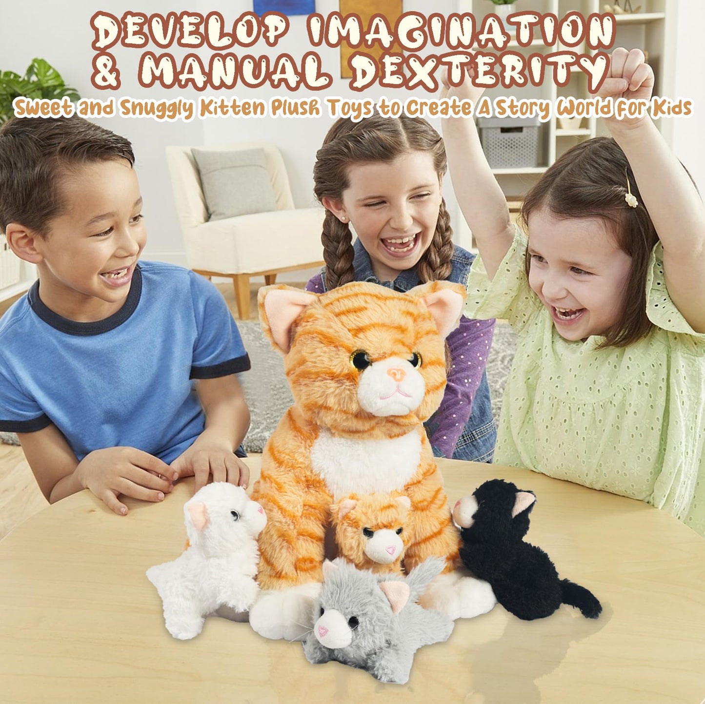5 Pcs Cat Stuffed Animals With Babies Inside, 12 Inch Mommy Plush Cat Toy With 4 Kitten Babies In Zippered Pouch, Nurturing Mom