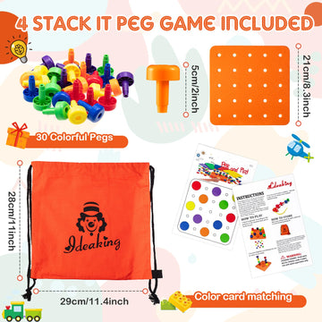Shappy Toddler Peg Board 120 Pcs Pegs with 4 Foam Board 4 Sets Montessori Colorful Stackable Peg Board Toys Learning Educational Toys for Color Recognition Counting Skills with Lacing String and Bag