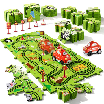 Bennol 73-Piece Toddler Jigsaw Puzzle Race Track Car Set, Plastic, for 2-5 Year Old Boys, Model YH005A-B3, Color 005a-