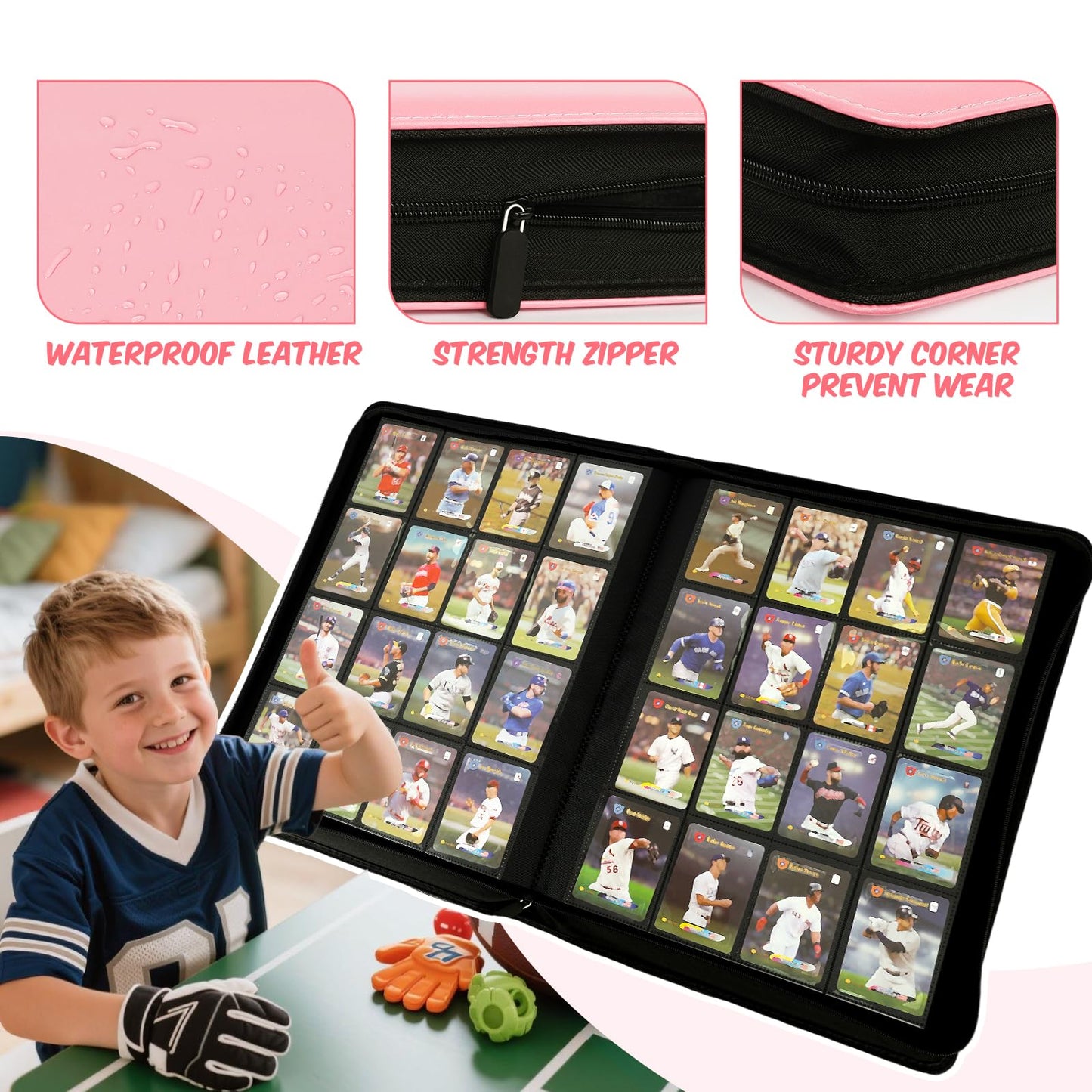 enhanced Card Binder 16 Pocket  1000+ Cards PU Cover Trading Card Binder Side Loading Card Collection Album Holder Folders for MTG  TCG  Game Cards & Sports Cards  Kpop (light pink)