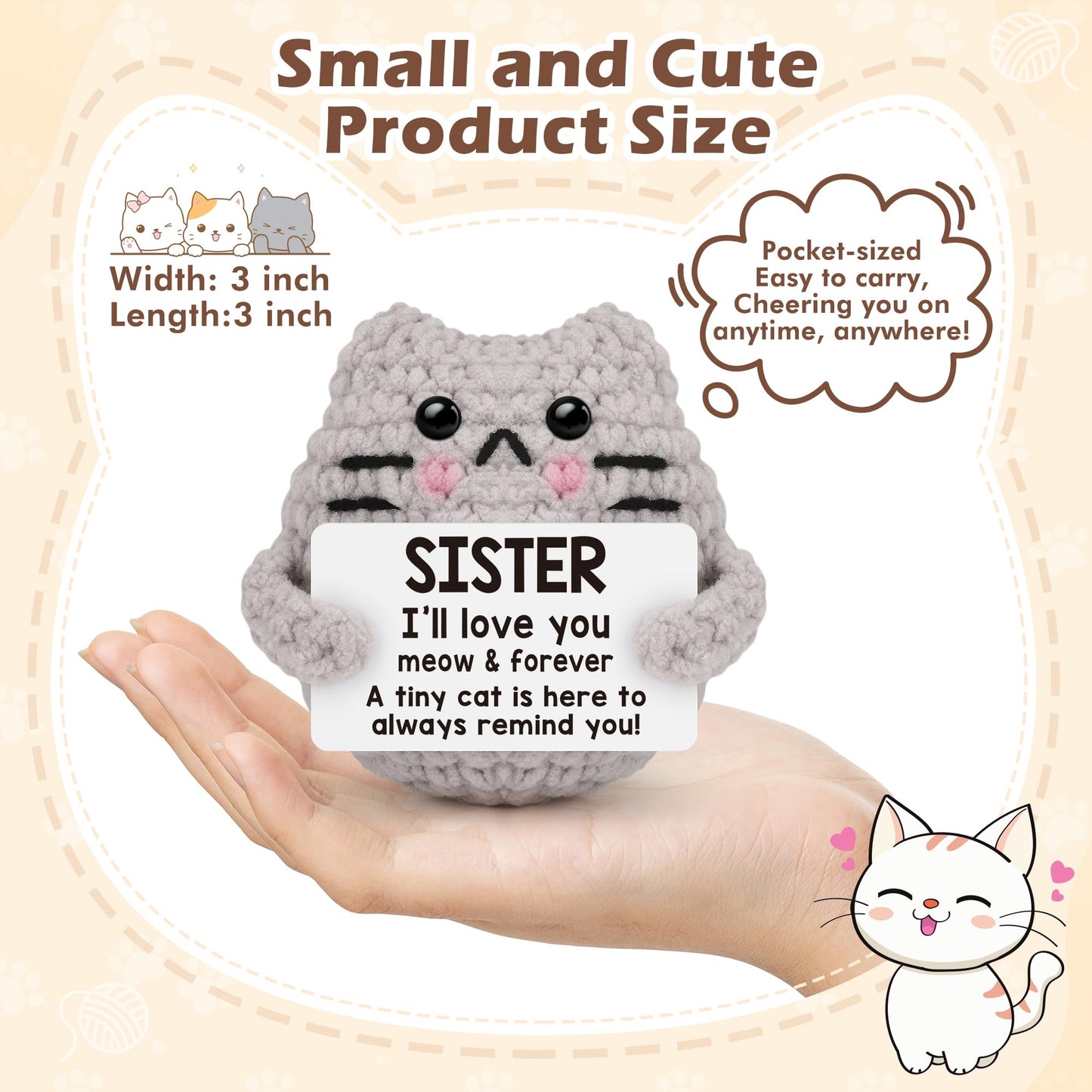 Tgifglonyi Positive Crochet Cat Emotional Inspirational Support Birthday Gifts For Sister,Handmade Knitted Cat For Women Coworke