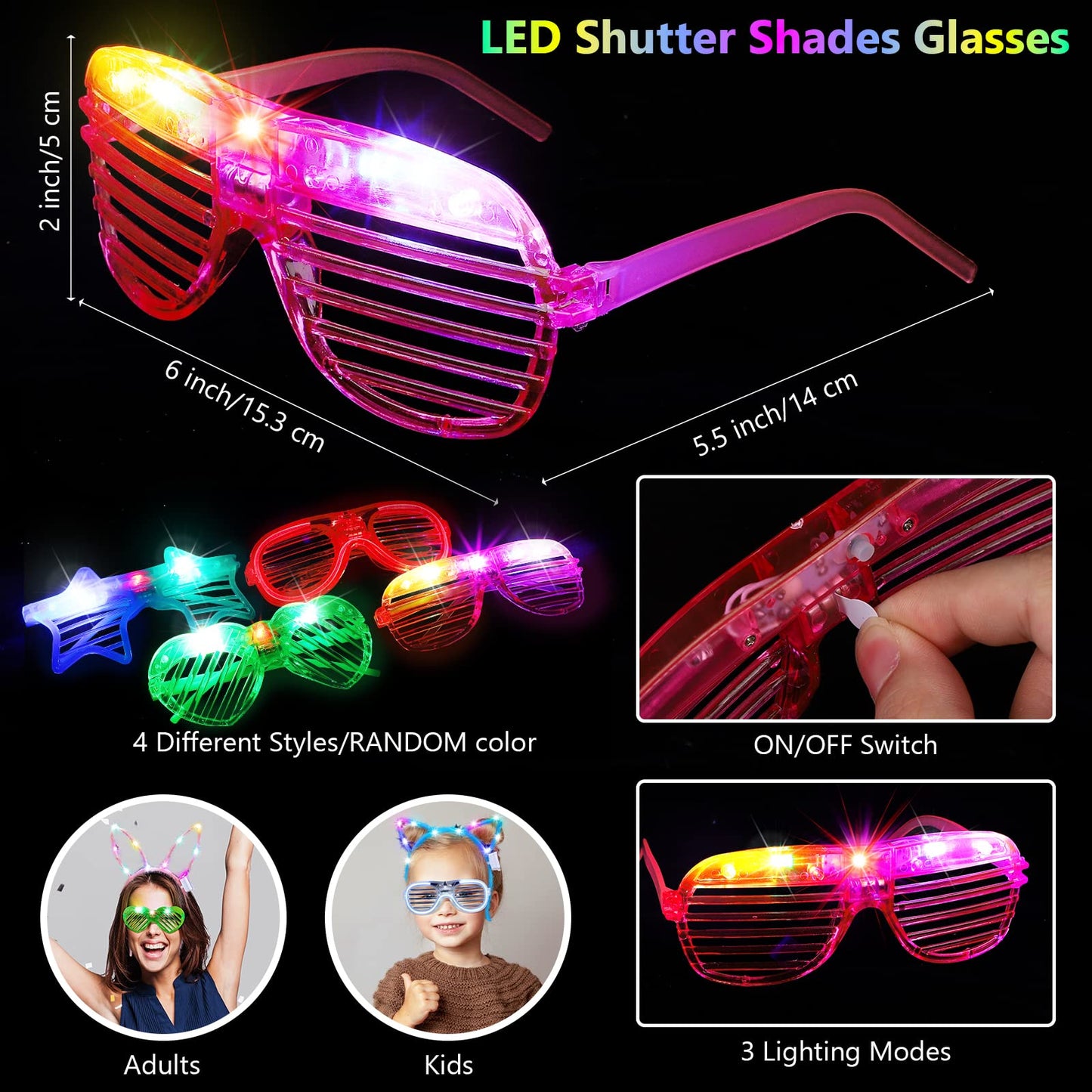 ADXCO 60 Pieces Glow in the Dark Party Supplies Neon Party Favor LED Light Up Party Favors with Flashing Glasses Flower Headband