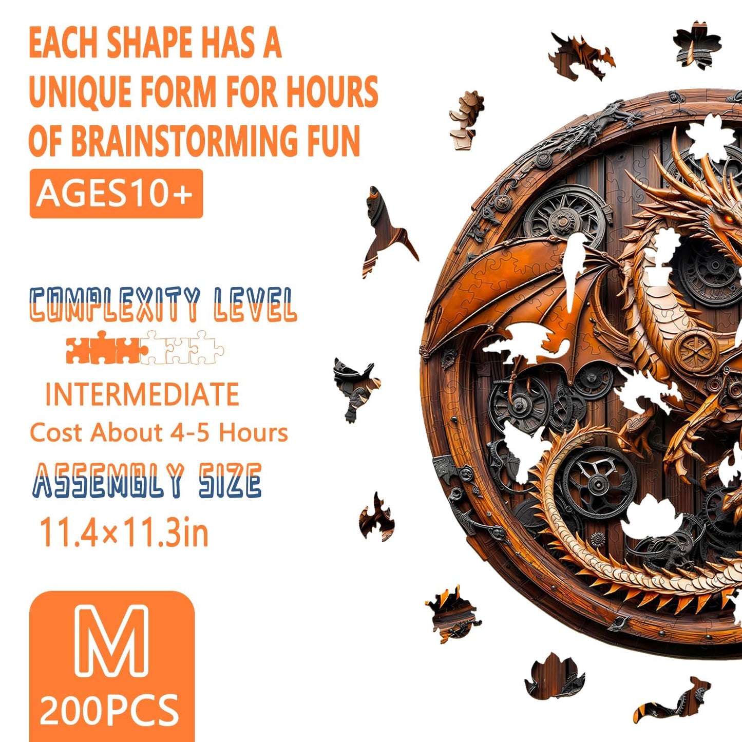 Wooden Puzzles for mature-themeds  Mechanical Dragon Wooden Jigsaw Puzzles for mature-themeds  Wood Puzzles mature-themed  Unique Animal Shape  Gifts for Friends and Family  Wall Art Canvas Puzzle (M -11.4*11.3in -200 pcs)