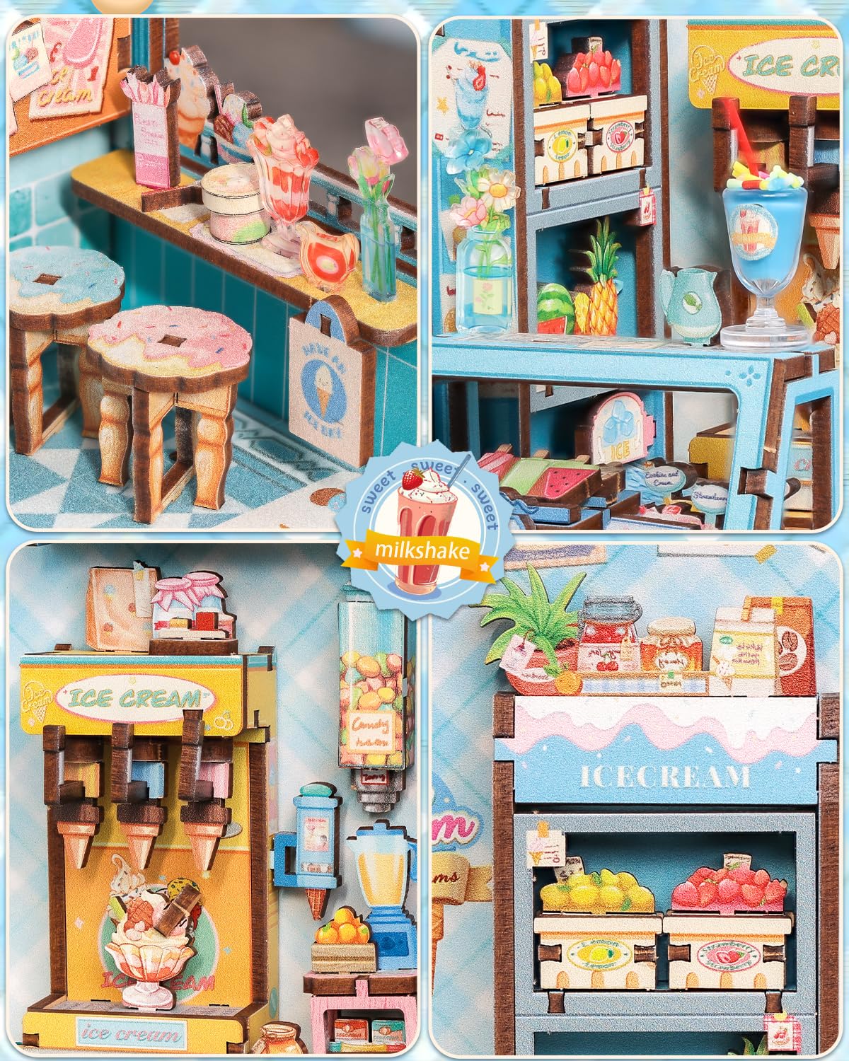 CUTEBEE Book Nook Kit  DIY Miniature House Kits for mature-themed and Teens  Dollhouse Booknook Tiny House  Bookshelf 3D Wooden Puzzle  DIY Craft Gifts for Family and Friends (Bella's Ice Cream)