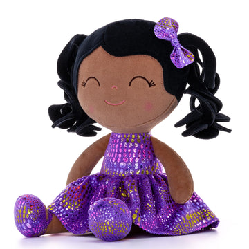 Gloveleya Soft Dolls Plush Figure Brown Skin Glitter Purple Dress Baby Doll Gift 12Inches