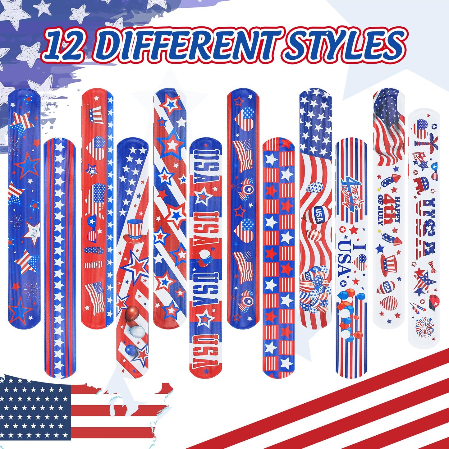 4th of July Party Favors Slap Bracelets for Kids 36PCS Red White and Blue American Flag Patriotic Snap Bracelet Bulk Independenc