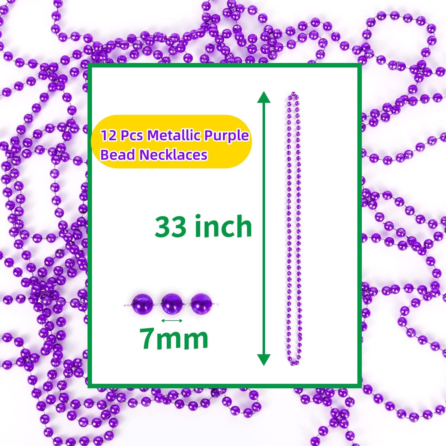 ZZYFGH 33'' 7mm Metallic Purple Bead Necklace Bulk, Mardi Gras Round Beaded Necklaces for Party Favors Costume Necklace (12 Pcs)