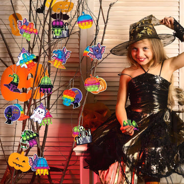 Amuhua Halloween Party Favors For Kids - 24Pcs Halloween Mini Push Pop Keychain Fidget Toys Ghost Pumpkin Witch Hat With Tags Fo