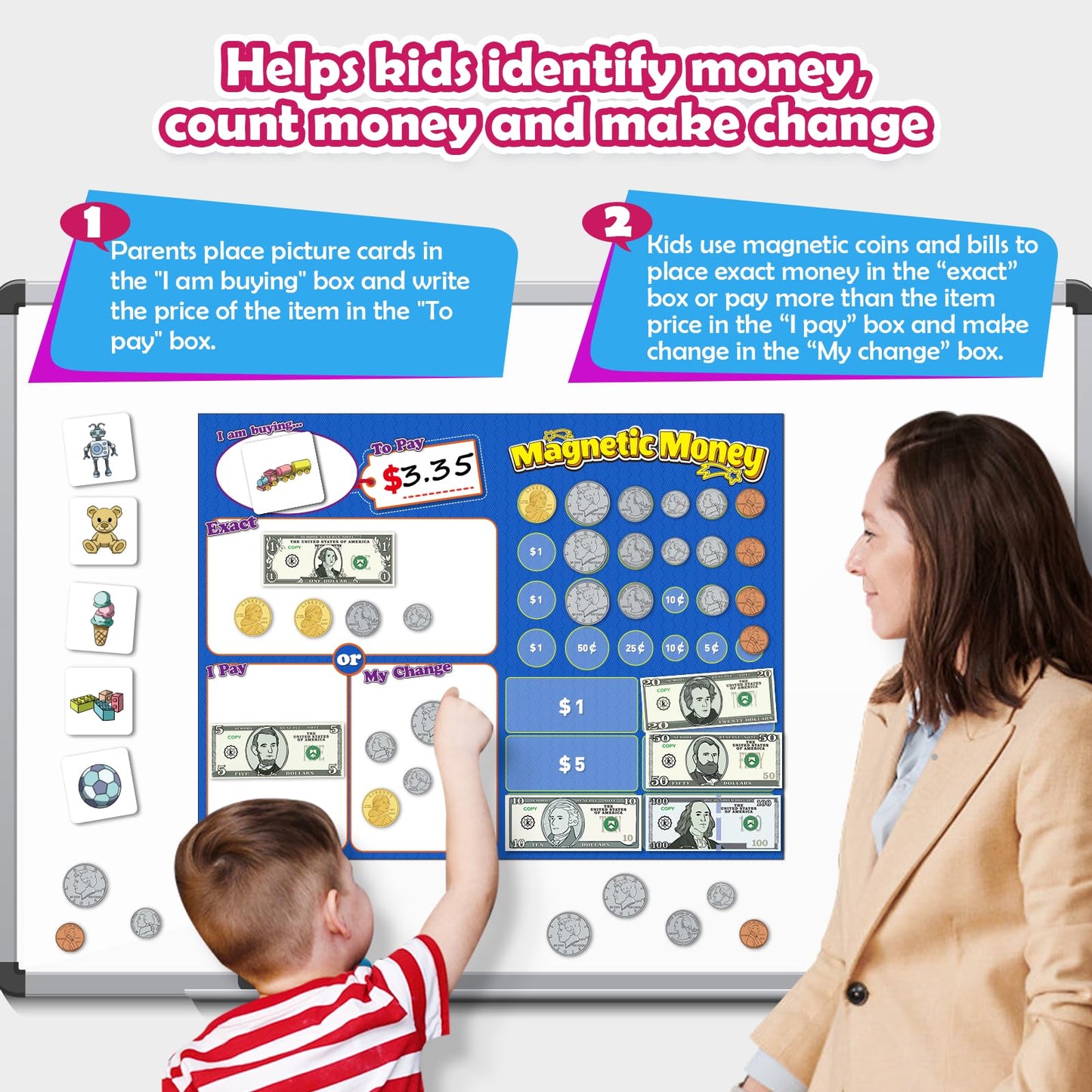Kasfalci 60 PCS Magnetic Money for Kids for Learning, Math Manipulatives, Learning & Education Toys for Classroom, Pretend Play,