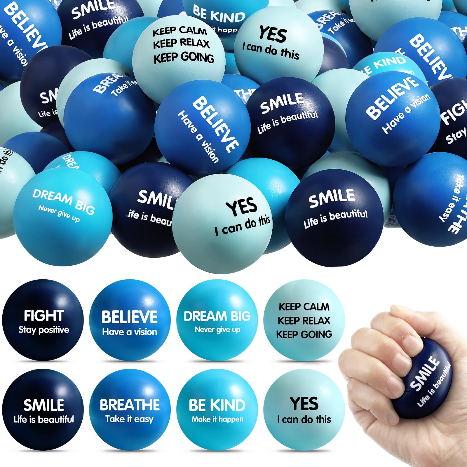 Liliful 48 Pieces Motivational Stress Balls Bulk for mature-themeds Fidget Toys Inspirational Squeeze Balls Valentine's Day Employee Appreciation Gift mature-themed Goodie Bag Stuffer 2.2 Inch(Blue)