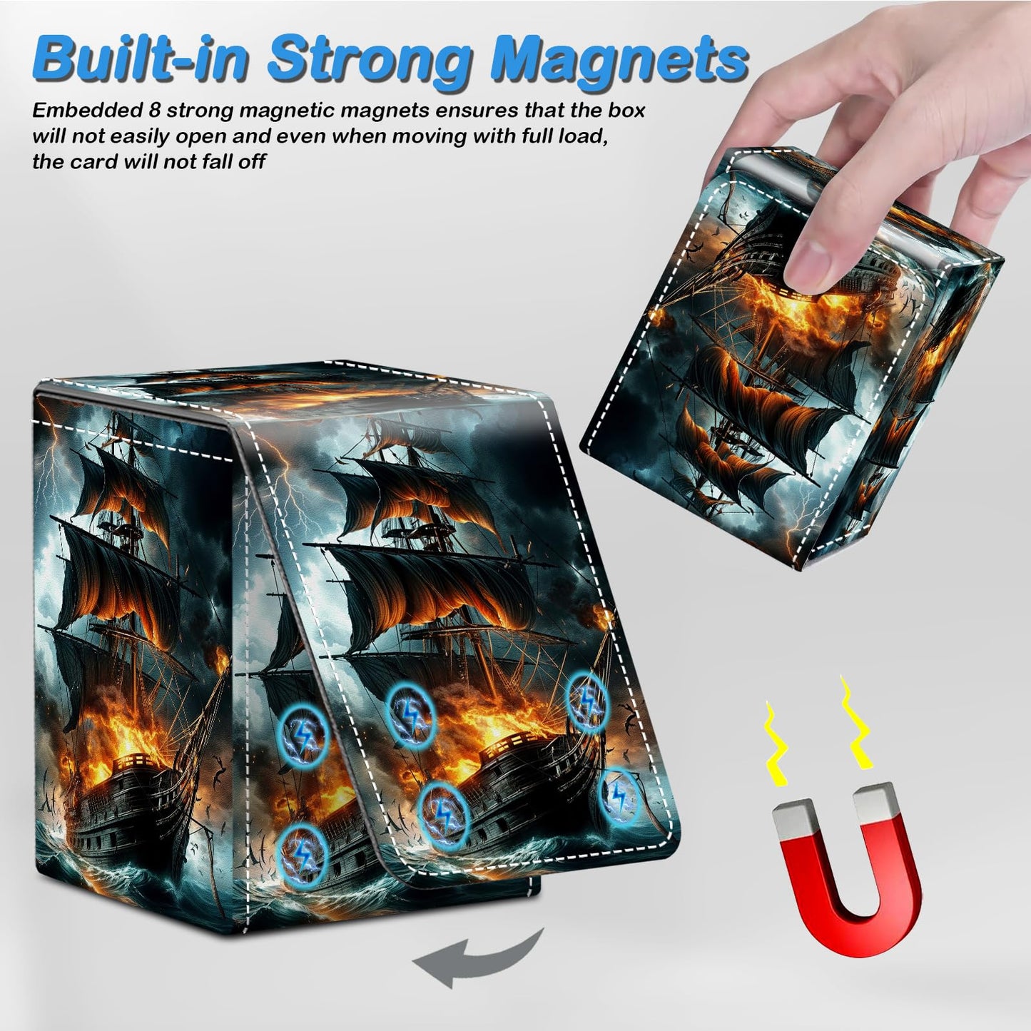 CAPAUNVDA Card Deck Box for MTG Commander Trading Cards with Magnetic Closure enhanced Card Storage Box Case Cover for MTG TCG CCG Magic Cards Pirate Ship Fire