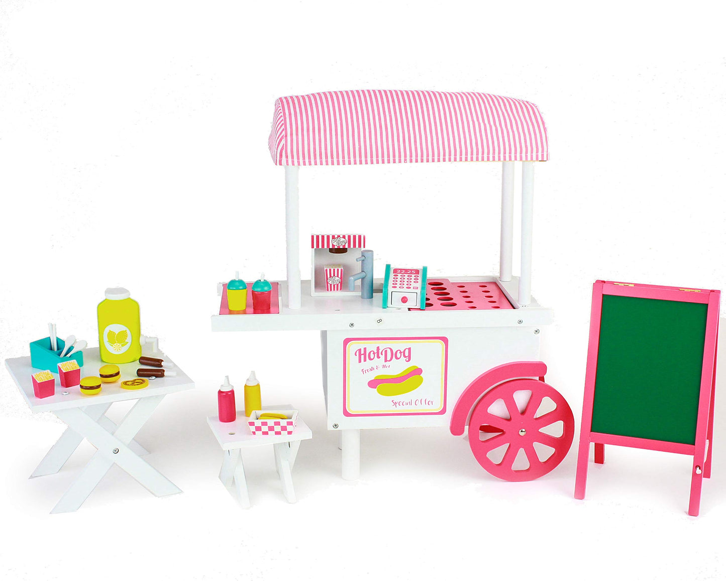 Playtime By Eimmie 18 Inch Doll Furniture - Hot Dog Food Cart And Dolls Accessories - Wooden Playsets - Fits American, Generation, My Life & Similar 14”-18” Girl Dolls Stuff - Girls Toys