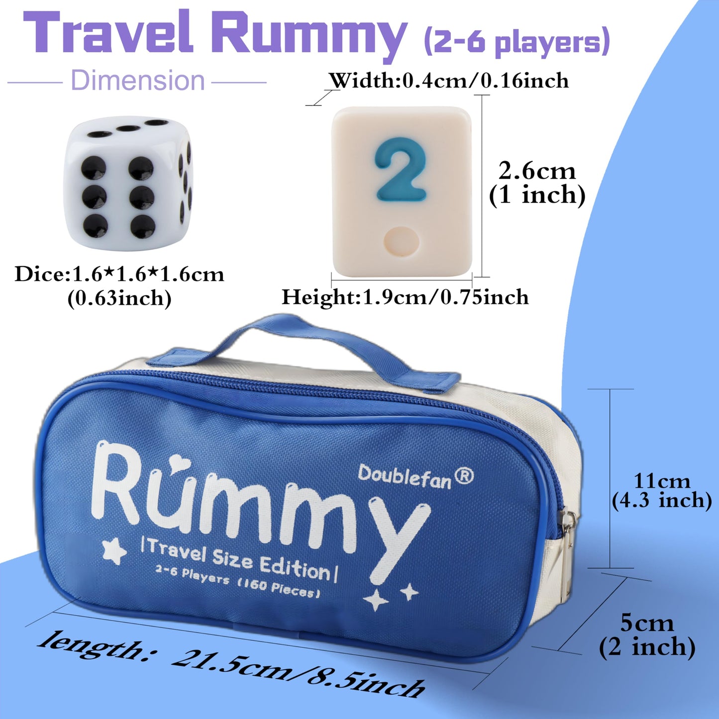 Doublefan Mini Rummy Cube Game - Portable Travel Size Set with 160 Tiles, 6 Racks, Dice, Canvas Bag, Multicolor, Model DF-Rummy01