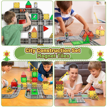 Lionfuny Magnetic Tiles, Magnetic Blocks Magnetic Road Tiles Set, Magnets Construction Toys For Kids Ages 3-5 4-8 8-12, Toddlers