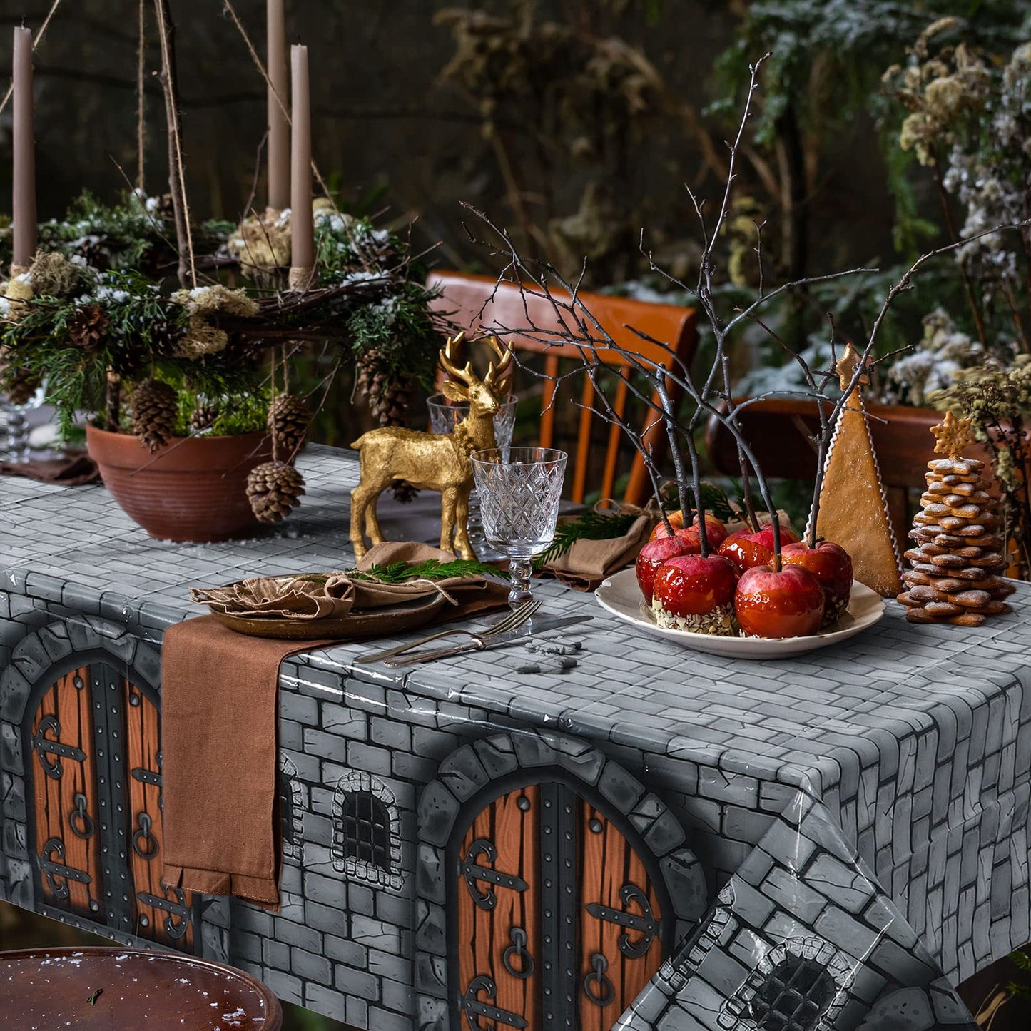 Remerry Medieval Tablecloth, 3 Pc Set, Plastic, 108 x 54 Inches, Rectangular, Stone Wall Design, Knight Party Decorations, Castl