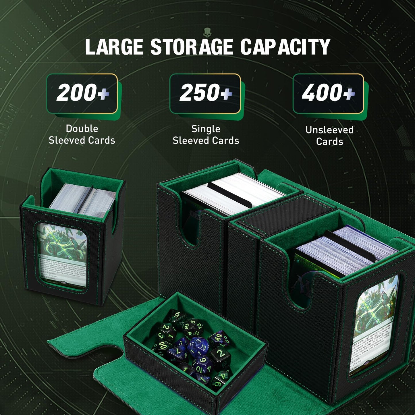 TiMOVO MTG Deck Box - Magnetic Faux Leather Case for 200+ Double-Sleeved Cards, Black/Green with Display & Dice Tray