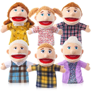 6 Pcs Family Hand Puppets 12 Inch Grandparents, Mom & Dad, Brother & Sister Plush Hand Puppet Toys Role-Play Toy Puppets For Kid