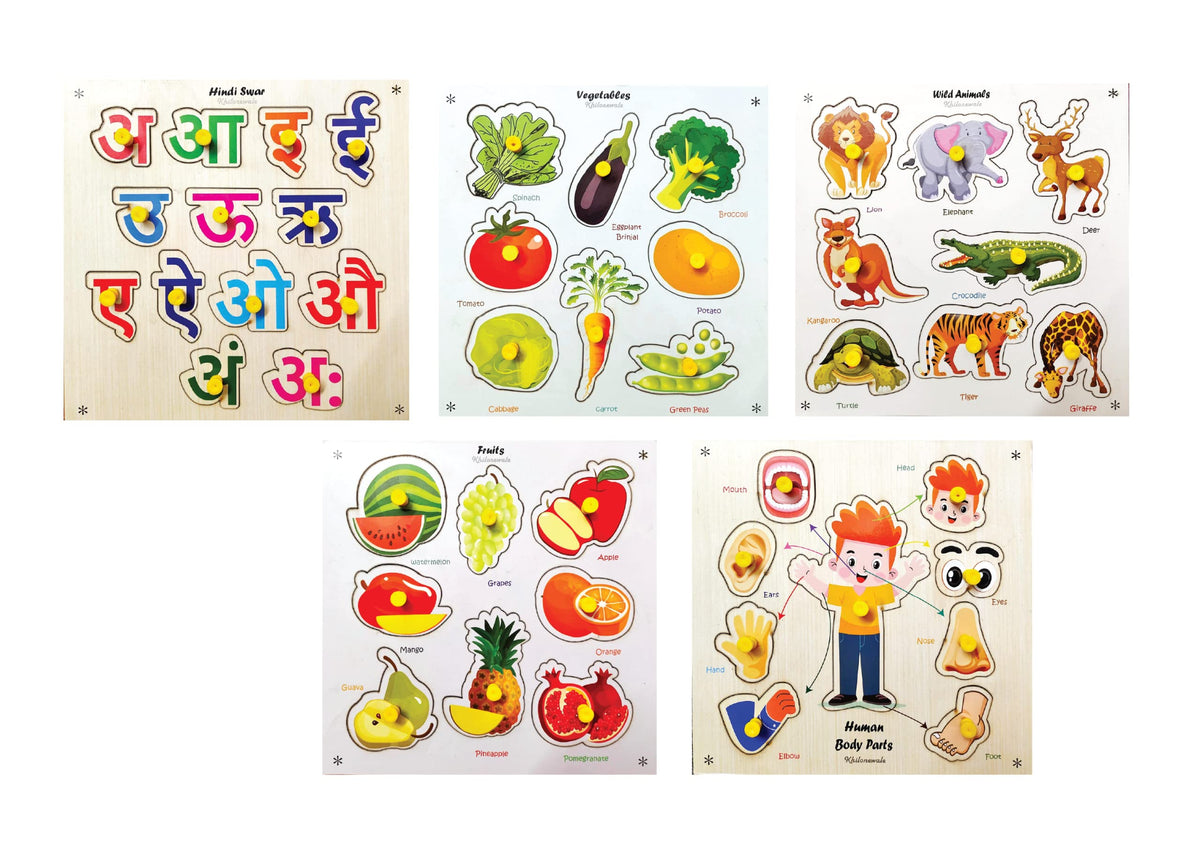 Khilonewale Wooden Educational Colorful Hindi Swar, Vegetables, Animals, Fruits, Parts of Body Set of 5 Board Puzzle for Pre Sch
