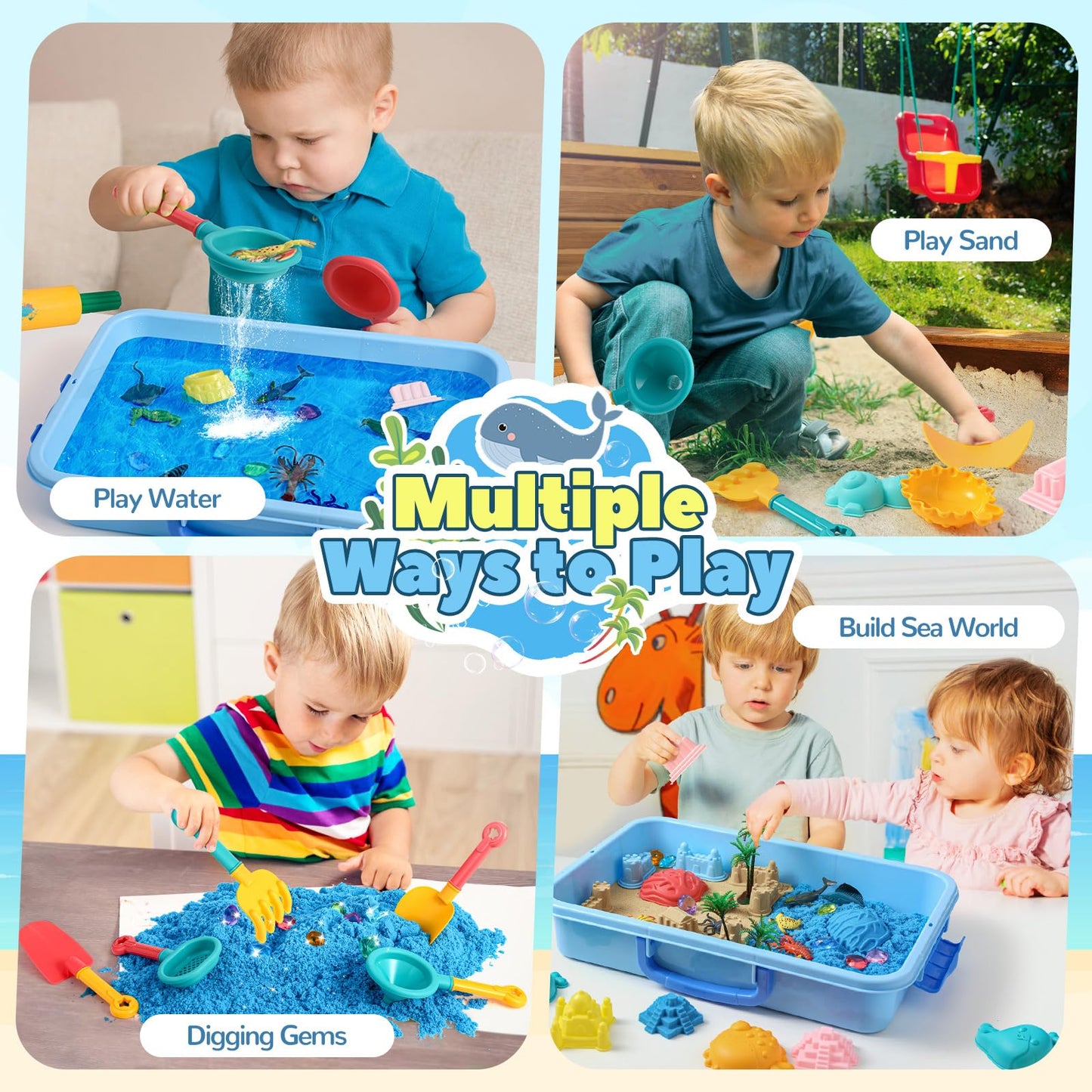 FRUSE Ocean Sensory Bin,Play Sand Art Kit with 2.2lbs Play Sand,12 Sea Animal Toys,Sand Molds,Role Play Beach Toy Sandbox Toys f